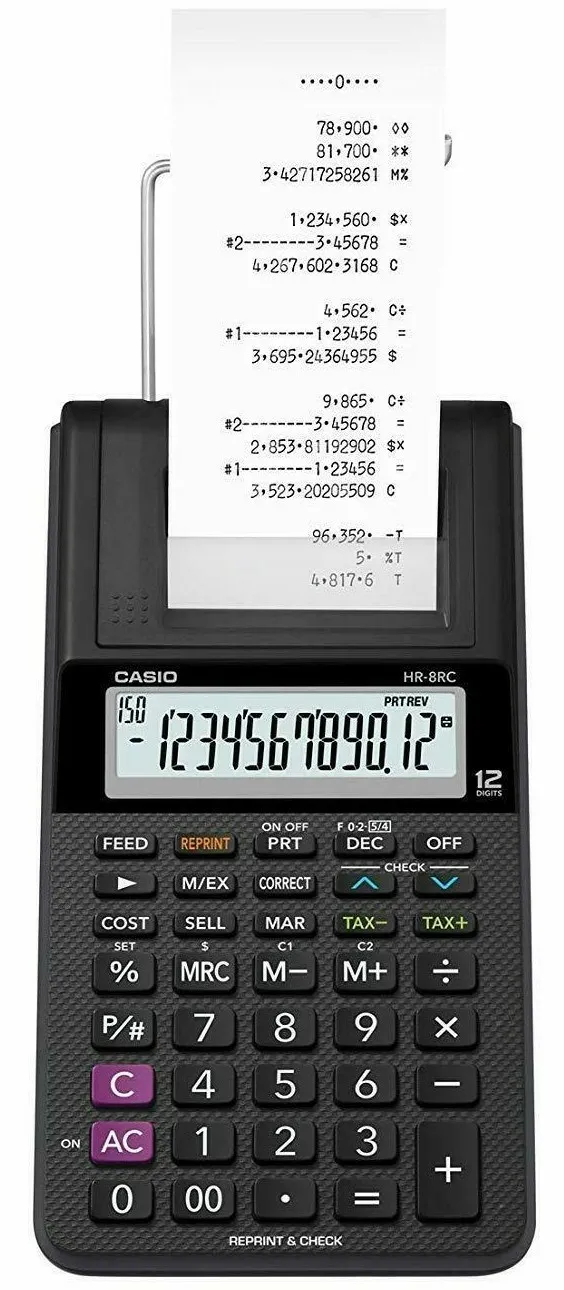 Casio HR-8RC-BK 12 Hane Siyah Şeritli Hesap Makinesi